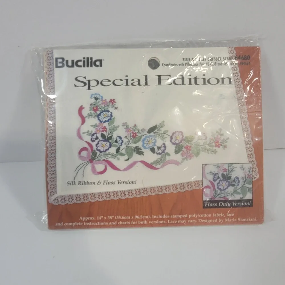Lot of 2 Vintage Bucilla Stamped Dresser Scarfs Heart of Roses and Blue & Violet